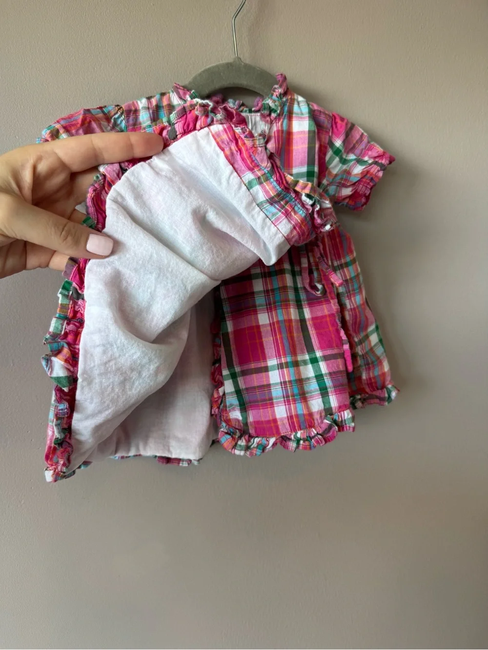 Ralph Lauren Baby Girls Pink Plaid Ruffled Wrap Dress & Bloomers Set 6 Months